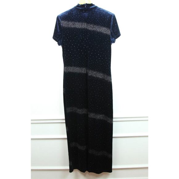 Vintage 90s Y2K Navy Blue Velour Glitter Maxi Dress Whimsigoth Fairy Grunge 14 - Picture 10 of 11